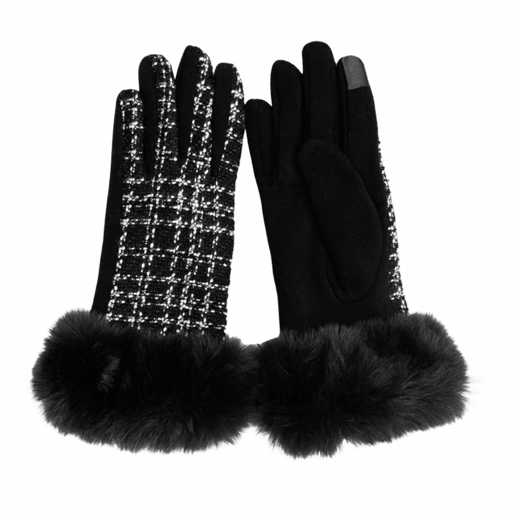 Chic Black & White Tweed Plaid Patterned Faux  Fur-Trimmed Touchscreen Gloves